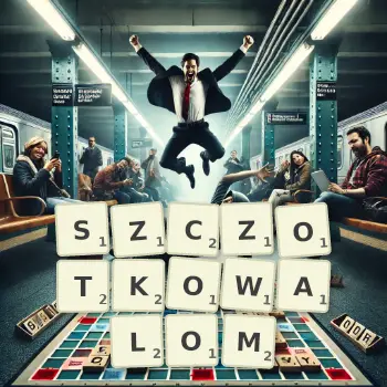 Kreatywna ilustracja do gry w Scrabble ze słowem SZCZOTKOWALOM ułożonym z płytek na planszy.