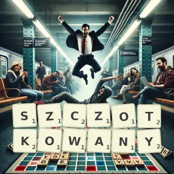 Kreatywna ilustracja do gry w Scrabble ze słowem SZCZOTKOWANY ułożonym z płytek na planszy.