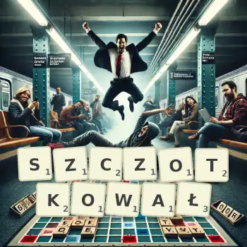 Kreatywna ilustracja do gry w Scrabble ze słowem SZCZOTKOWAŁ ułożonym z płytek na planszy.