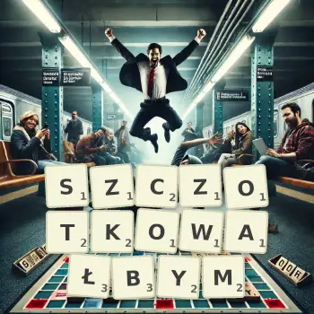 Kreatywna ilustracja do gry w Scrabble ze słowem SZCZOTKOWAŁBYM ułożonym z płytek na planszy.
