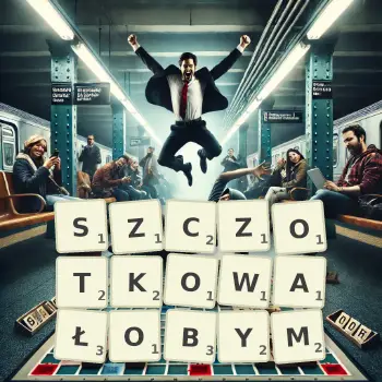 Kreatywna ilustracja do gry w Scrabble ze słowem SZCZOTKOWAŁOBYM ułożonym z płytek na planszy.