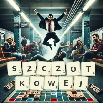 Kreatywna ilustracja do gry w Scrabble ze słowem SZCZOTKOWEJ ułożonym z płytek na planszy.