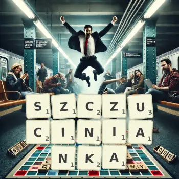 Kreatywna ilustracja do gry w Scrabble ze słowem SZCZUCINIANKA ułożonym z płytek na planszy.