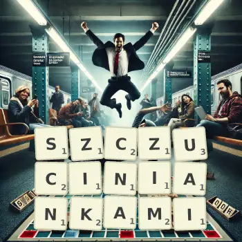 Kreatywna ilustracja do gry w Scrabble ze słowem SZCZUCINIANKAMI ułożonym z płytek na planszy.
