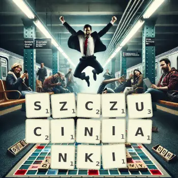Kreatywna ilustracja do gry w Scrabble ze słowem SZCZUCINIANKI ułożonym z płytek na planszy.