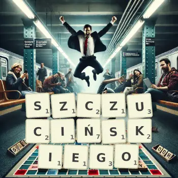 Kreatywna ilustracja do gry w Scrabble ze słowem SZCZUCIŃSKIEGO ułożonym z płytek na planszy.