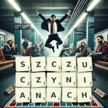 Kreatywna ilustracja do gry w Scrabble ze słowem SZCZUCZYNIANACH ułożonym z płytek na planszy.