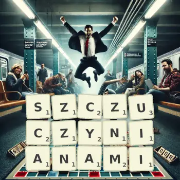 Kreatywna ilustracja do gry w Scrabble ze słowem SZCZUCZYNIANAMI ułożonym z płytek na planszy.