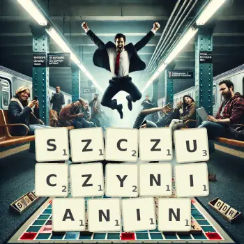 Kreatywna ilustracja do gry w Scrabble ze słowem SZCZUCZYNIANIN ułożonym z płytek na planszy.