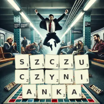 Kreatywna ilustracja do gry w Scrabble ze słowem SZCZUCZYNIANKA ułożonym z płytek na planszy.