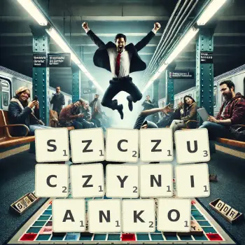 Kreatywna ilustracja do gry w Scrabble ze słowem SZCZUCZYNIANKO ułożonym z płytek na planszy.