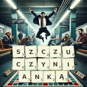 Kreatywna ilustracja do gry w Scrabble ze słowem SZCZUCZYNIANKĄ ułożonym z płytek na planszy.