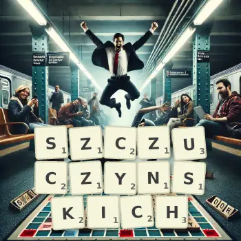 Kreatywna ilustracja do gry w Scrabble ze słowem SZCZUCZYNSKICH ułożonym z płytek na planszy.