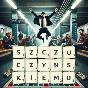 Kreatywna ilustracja do gry w Scrabble ze słowem SZCZUCZYŃSKIEMU ułożonym z płytek na planszy.