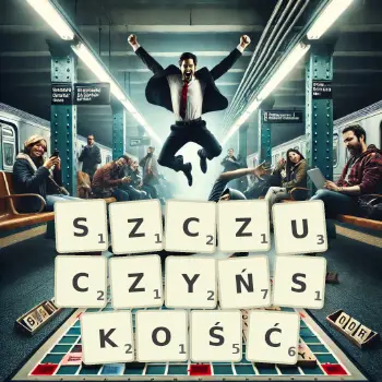 Kreatywna ilustracja do gry w Scrabble ze słowem SZCZUCZYŃSKOŚĆ ułożonym z płytek na planszy.