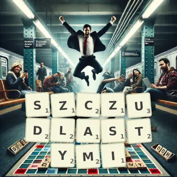 Kreatywna ilustracja do gry w Scrabble ze słowem SZCZUDLASTYMI ułożonym z płytek na planszy.
