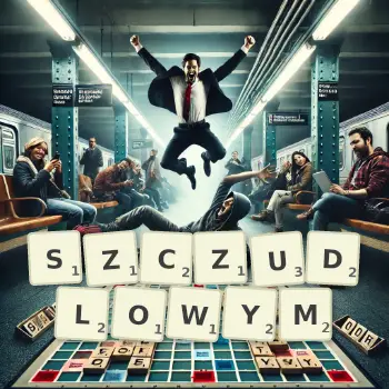 Kreatywna ilustracja do gry w Scrabble ze słowem SZCZUDLOWYM ułożonym z płytek na planszy.