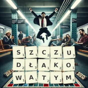 Kreatywna ilustracja do gry w Scrabble ze słowem SZCZUDŁAKOWATYM ułożonym z płytek na planszy.