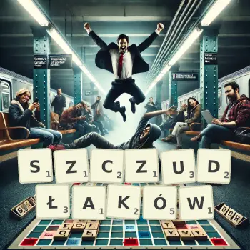Kreatywna ilustracja do gry w Scrabble ze słowem SZCZUDŁAKÓW ułożonym z płytek na planszy.