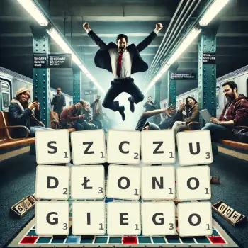 Kreatywna ilustracja do gry w Scrabble ze słowem SZCZUDŁONOGIEGO ułożonym z płytek na planszy.
