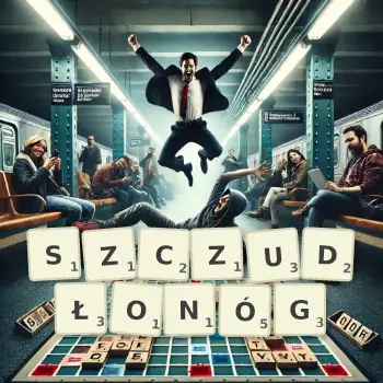 Kreatywna ilustracja do gry w Scrabble ze słowem SZCZUDŁONÓG ułożonym z płytek na planszy.