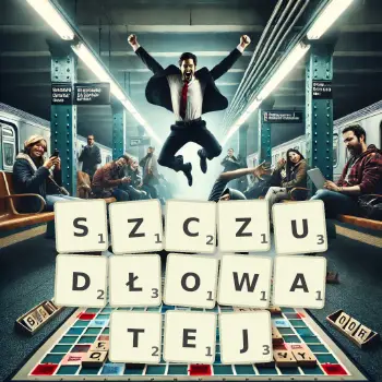 Kreatywna ilustracja do gry w Scrabble ze słowem SZCZUDŁOWATEJ ułożonym z płytek na planszy.