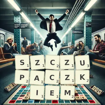 Kreatywna ilustracja do gry w Scrabble ze słowem SZCZUPACZKIEM ułożonym z płytek na planszy.