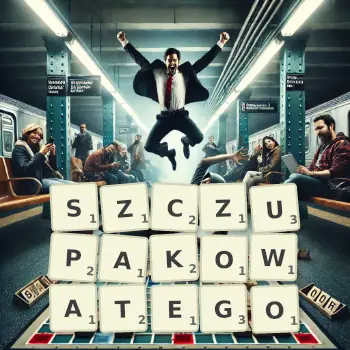 Kreatywna ilustracja do gry w Scrabble ze słowem SZCZUPAKOWATEGO ułożonym z płytek na planszy.