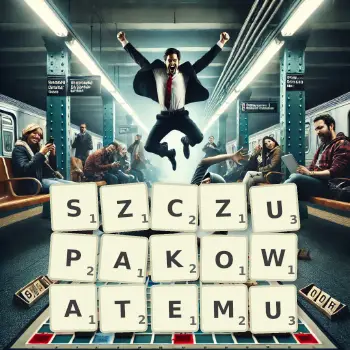 Kreatywna ilustracja do gry w Scrabble ze słowem SZCZUPAKOWATEMU ułożonym z płytek na planszy.