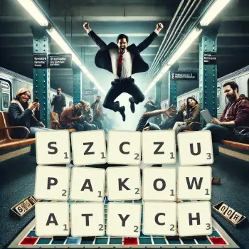 Kreatywna ilustracja do gry w Scrabble ze słowem SZCZUPAKOWATYCH ułożonym z płytek na planszy.