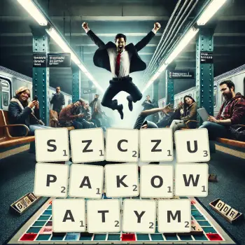 Kreatywna ilustracja do gry w Scrabble ze słowem SZCZUPAKOWATYM ułożonym z płytek na planszy.