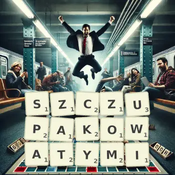 Kreatywna ilustracja do gry w Scrabble ze słowem SZCZUPAKOWATYMI ułożonym z płytek na planszy.