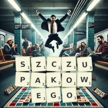 Kreatywna ilustracja do gry w Scrabble ze słowem SZCZUPAKOWEGO ułożonym z płytek na planszy.