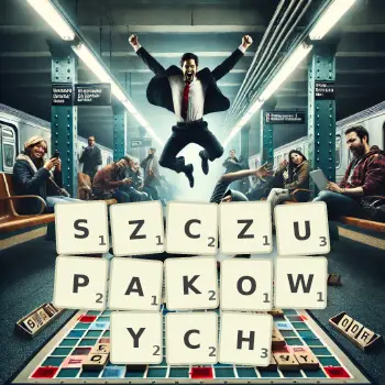 Kreatywna ilustracja do gry w Scrabble ze słowem SZCZUPAKOWYCH ułożonym z płytek na planszy.