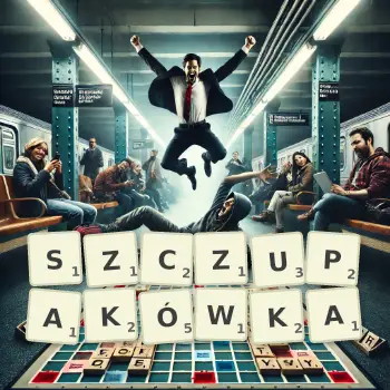 Kreatywna ilustracja do gry w Scrabble ze słowem SZCZUPAKÓWKA ułożonym z płytek na planszy.