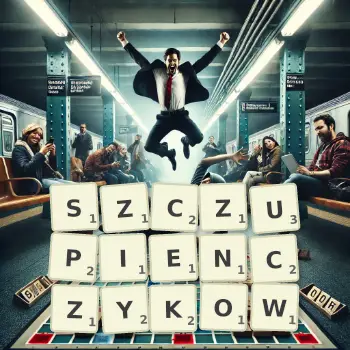 Kreatywna ilustracja do gry w Scrabble ze słowem SZCZUPIENCZYKOW ułożonym z płytek na planszy.