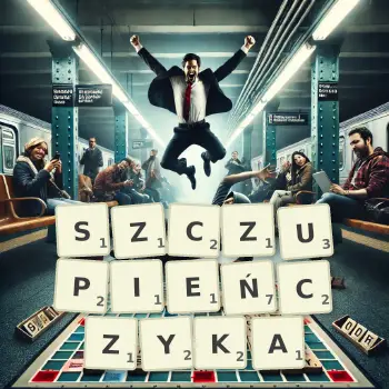 Kreatywna ilustracja do gry w Scrabble ze słowem SZCZUPIEŃCZYKA ułożonym z płytek na planszy.