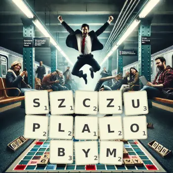 Kreatywna ilustracja do gry w Scrabble ze słowem SZCZUPLALOBYM ułożonym z płytek na planszy.