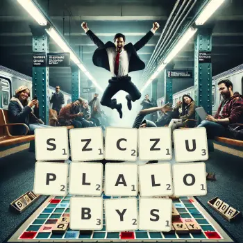 Kreatywna ilustracja do gry w Scrabble ze słowem SZCZUPLALOBYS ułożonym z płytek na planszy.