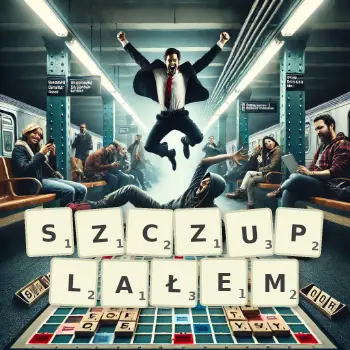 Kreatywna ilustracja do gry w Scrabble ze słowem SZCZUPLAŁEM ułożonym z płytek na planszy.