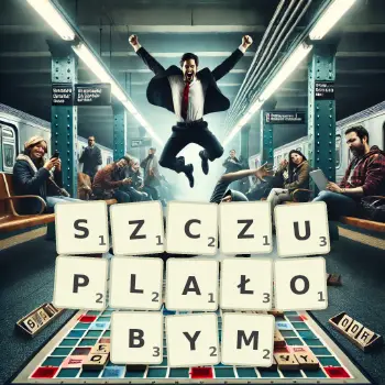 Kreatywna ilustracja do gry w Scrabble ze słowem SZCZUPLAŁOBYM ułożonym z płytek na planszy.