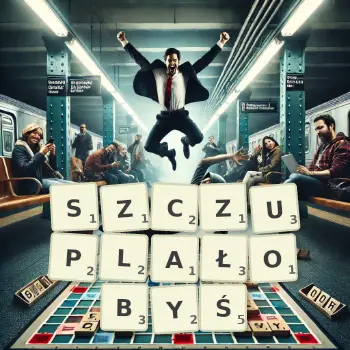 Kreatywna ilustracja do gry w Scrabble ze słowem SZCZUPLAŁOBYŚ ułożonym z płytek na planszy.