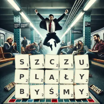 Kreatywna ilustracja do gry w Scrabble ze słowem SZCZUPLAŁYBYŚMY ułożonym z płytek na planszy.
