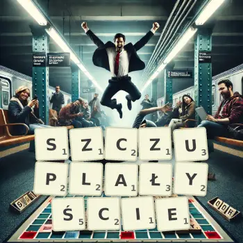 Kreatywna ilustracja do gry w Scrabble ze słowem SZCZUPLAŁYŚCIE ułożonym z płytek na planszy.