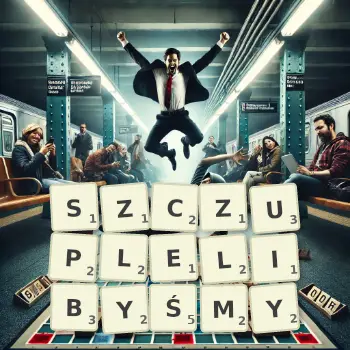 Kreatywna ilustracja do gry w Scrabble ze słowem SZCZUPLELIBYŚMY ułożonym z płytek na planszy.