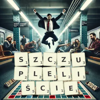 Kreatywna ilustracja do gry w Scrabble ze słowem SZCZUPLELIŚCIE ułożonym z płytek na planszy.