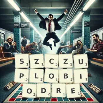 Kreatywna ilustracja do gry w Scrabble ze słowem SZCZUPLOBIODRE ułożonym z płytek na planszy.