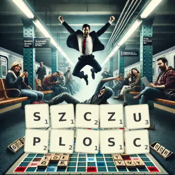 Kreatywna ilustracja do gry w Scrabble ze słowem SZCZUPLOSC ułożonym z płytek na planszy.