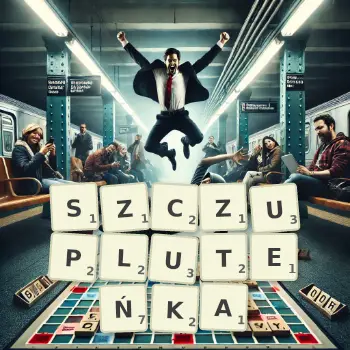 Kreatywna ilustracja do gry w Scrabble ze słowem SZCZUPLUTEŃKA ułożonym z płytek na planszy.