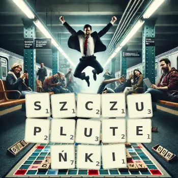 Kreatywna ilustracja do gry w Scrabble ze słowem SZCZUPLUTEŃKI ułożonym z płytek na planszy.